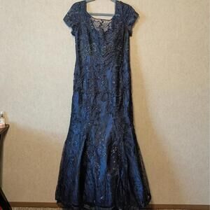 VM COLLECTION navy black beaded short sleeve mermaid maxi dress sz 10